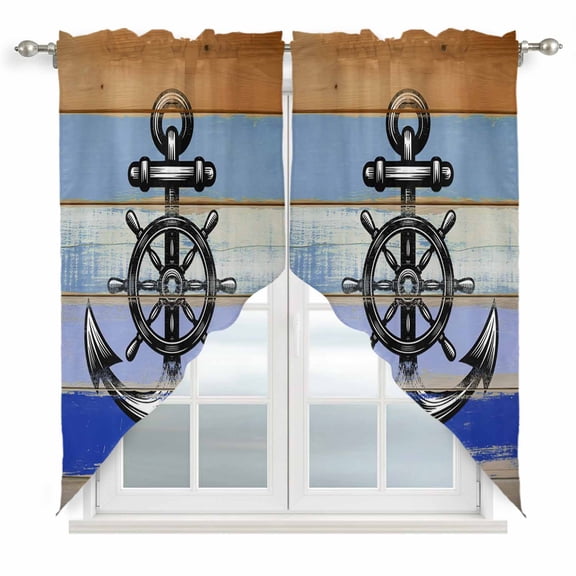 Nautical Anchor Swag Valances for Windows 2 Pack, Kitchen Window Curtains 36 Inch Length, Vintage Navy Blue Wooden Boards Country Privacy Swag Curtains for Living Room/Bathroom 36"x36"