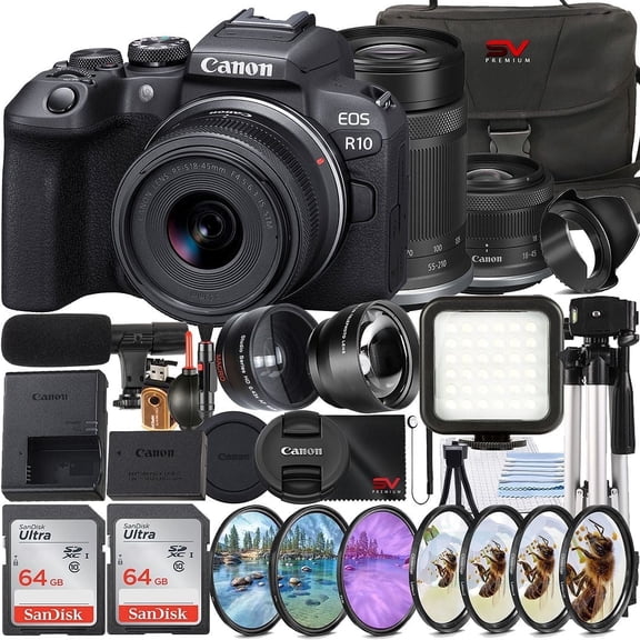 Canon EOS R10 Mirrorless Camera with RF-S 18-45mm   55-210mm Lens   2 Pack SanDisk 64GB Memory Card   Case   LED Flash   SV Premium Accessory Bundle