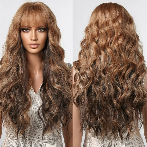 Peluca de cabello rizado Natural para mujer, cabellera artificial largo y ondulado con flequillo, color negro y Rubio degradado, estilo Afro, resistente al calor, uso diario