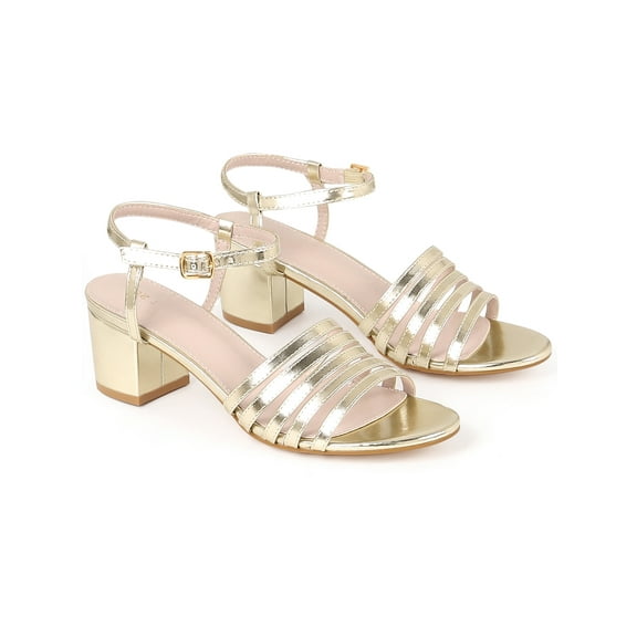 BLISSFUL STEP Open Toe Ankle Strap Slingback Chunky Heel Sandals for Women Gold 5