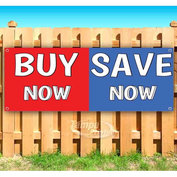 Buy Now Save Now Red & Blue Split 13 oz Vinyl Banner With Metal Grommets