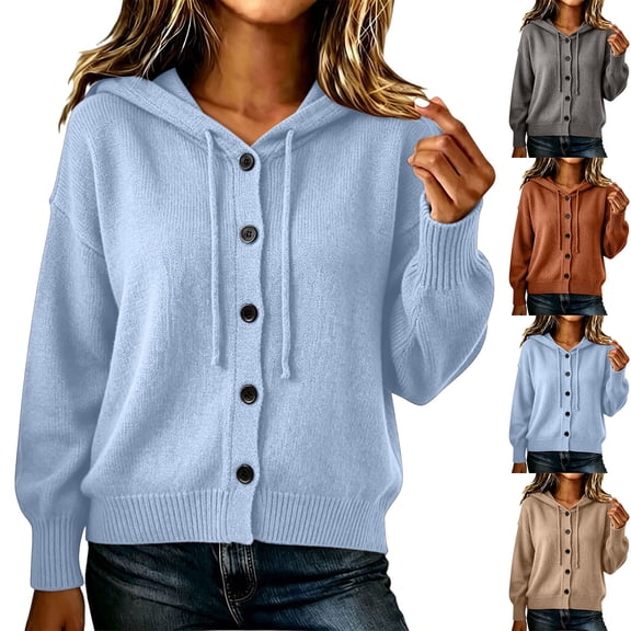 Aboser Button Down Cardigan Sweaters for Women Long Sleeve Hoodie Coats Comfort Casual Knit Sweater Coat Drawstring Drop Shoulder Cardigans
