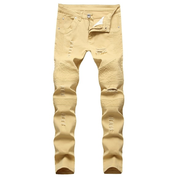 Men's Casual Ripped Jeans Distressed Washed Straight Stretch Skinny Slim Fit Solid Hip-hop Denim Pants Trousers