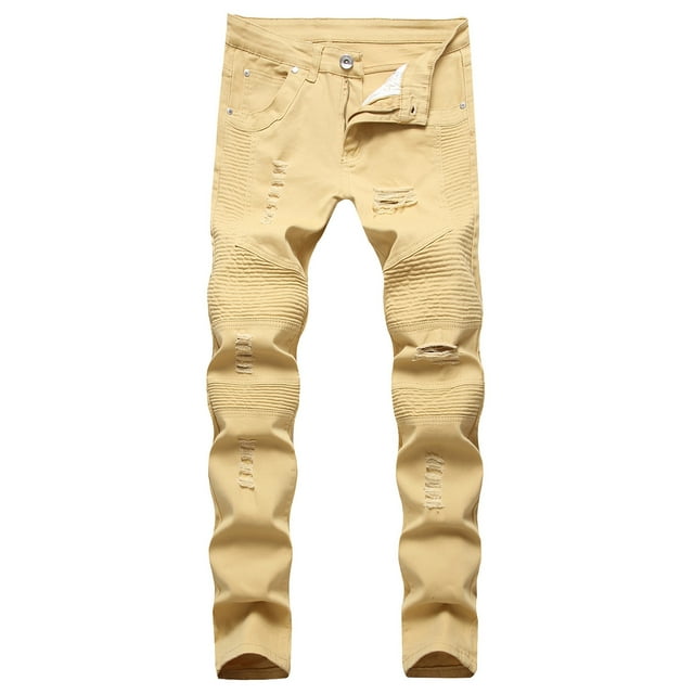 CEHVOM Men's New Tight-fitting Ripped Straight Hip-hop Stretch Motorcycle Denim Trouser