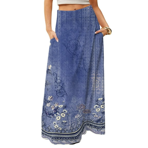 WTOBBY Women's Floral Print Flowy Maxi Skirt Bohemian Style Casual Summer Beach Long Skirt Elastic Waist Lightweight Tiered Pleated Skirt with Side Pockets,Blue L
