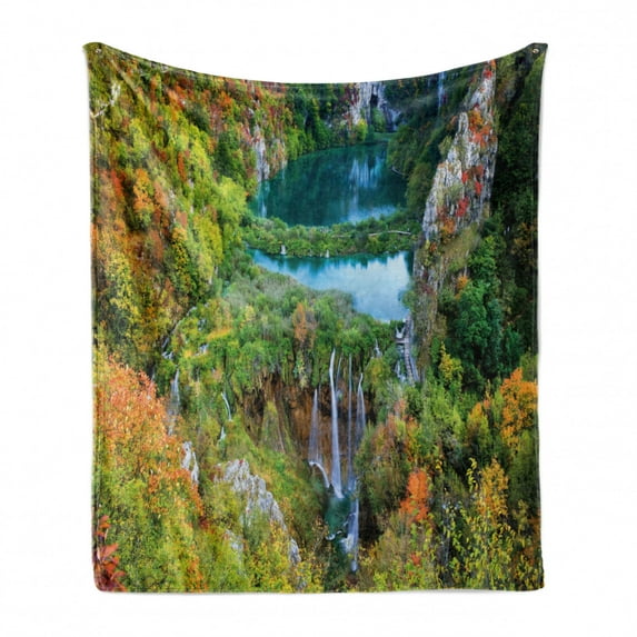 Fall Soft Flannel Fleece Throw Blanket, Scenic Fall Valley in the Mountains of Plitvice Lakes National Park Croatia, Cozy Plush for Indoor and Outdoor Use, 60" x 80", Green Blue Orange, by Ambesonne