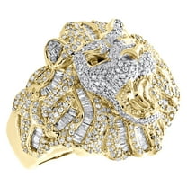 10K Yellow Gold Round & Baguette Diamond Lion Head Pinky Ring 24mm Band 1.60 CT.