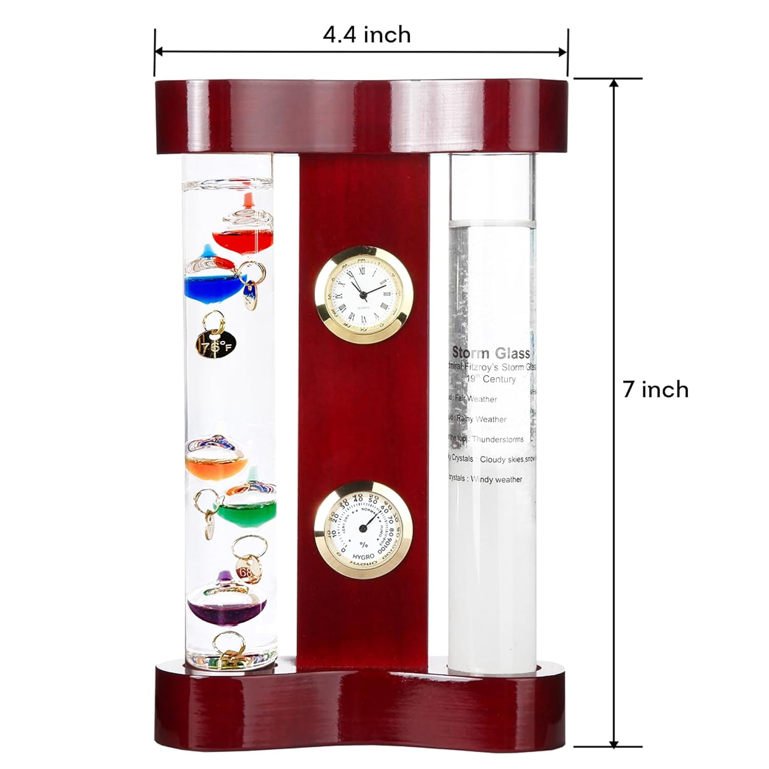 Analog Weather Station with Galileo Thermometer, Precision Quartz Clock & Hygrometer, Fitzroy Storm Glass, Gift for Friends and Family, Holiday Gift, Indoor & Outdoor Décor (7” x 4.4”)