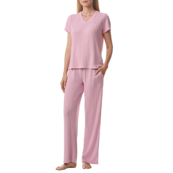 Tommy Hilfiger Women's 2-Pc. Short-Sleeve Ribbed Pajamas Set - Breezy Orc, Size X-Large