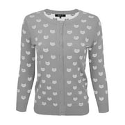 YEMAK Women's Cute Cat Pattern 3/4 Sleeve Button Down Stylish Cardigan Sweater MK3466-GRY/IVR-S
