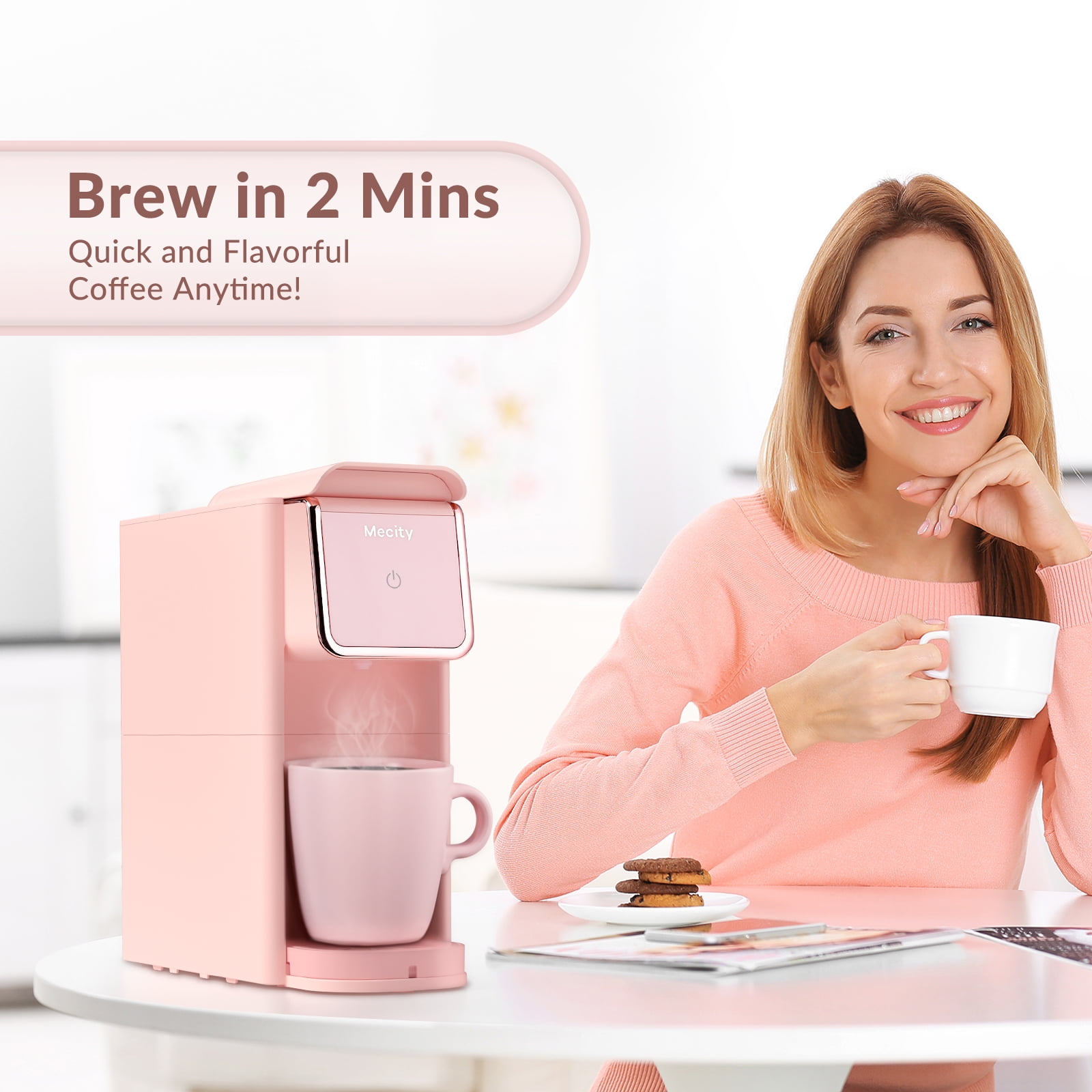Mecity Compact Stainless Steel Single Serve Coffee & Tea Maker, 6-12 Oz Brew Sizes, Pink