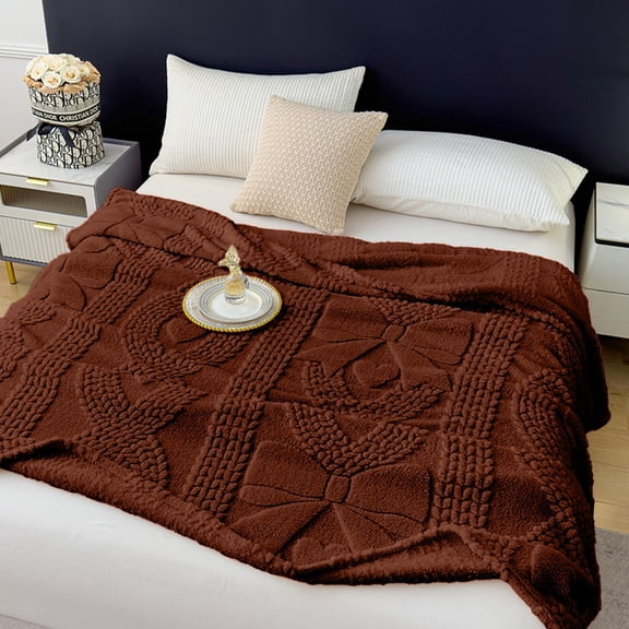 chaungfeng Heart Bow Throw Blankets, Soft and Thick Double Layer Raschel Blanket for Lover Mom Father Gifts, Washable Fuzzy Blanket for Couch Sofa Bed Office (Brown, 39"x28")