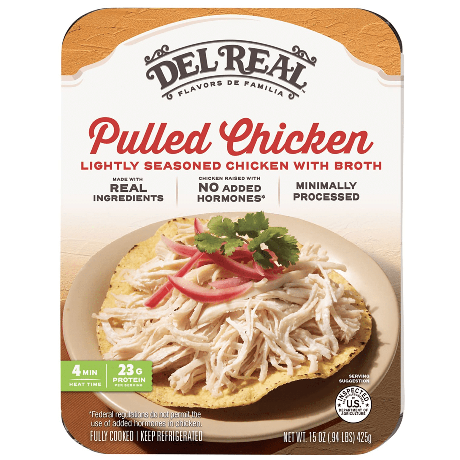 Del Real Foods Seasoned Pulled Chicken, Pollo Deshebrado, 15 oz (Cooked)