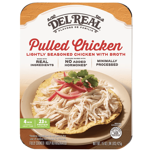 Del Real Foods Seasoned Pulled Chicken, Pollo Deshebrado, 15 oz (Cooked)