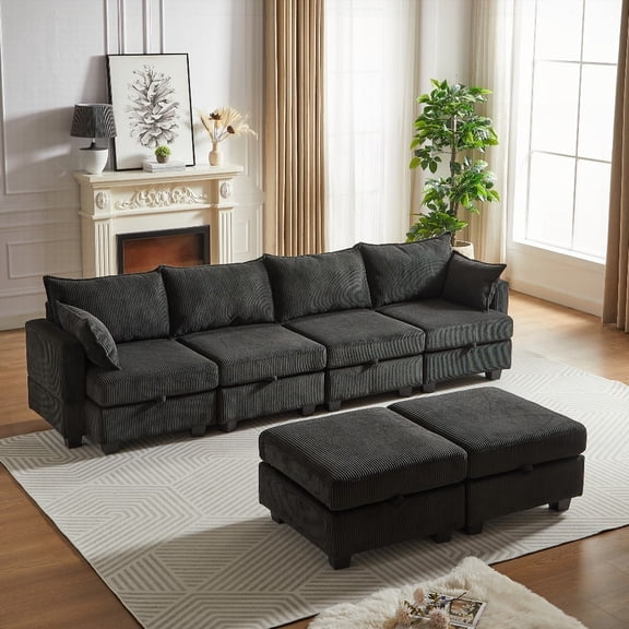 Modern Corduroy 113.5'' Modular U Shaped Sectional Sofa with Storage Ottoman for Living Room