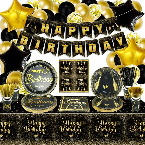 Black Gold Birthday Supplies, Black and Gold Birthday Party Decorations for Men, Women, Includes Happy Birthday Banner, Tablecloth, Balloons, Plates, Napkins, Cups and Straws, Serves 20 Guest