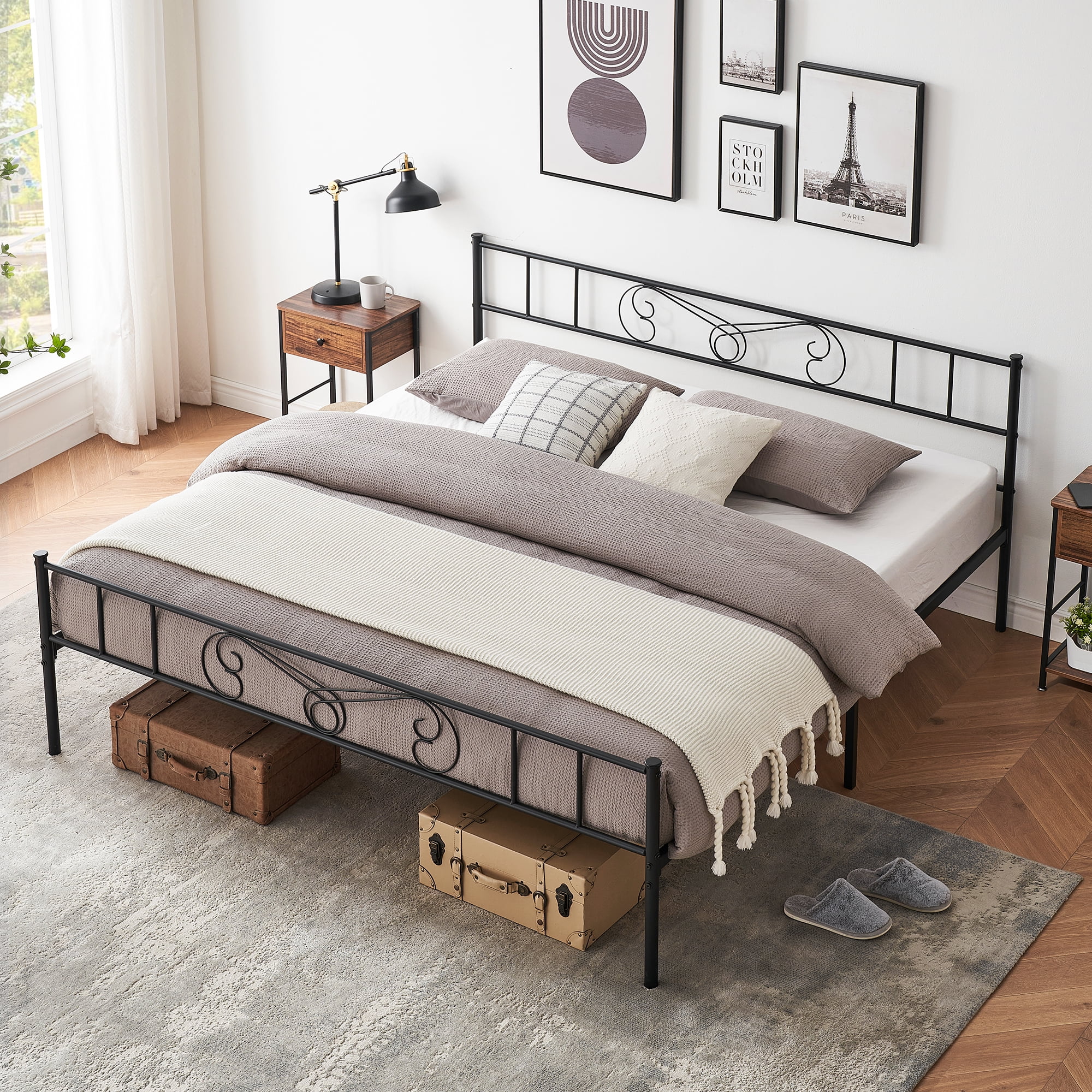 Senfot King Size Metal Platform Bed Frame - Minimalist Curved Iron Design, Heavy Duty Steel Slats, No Box Spring Needed, Black