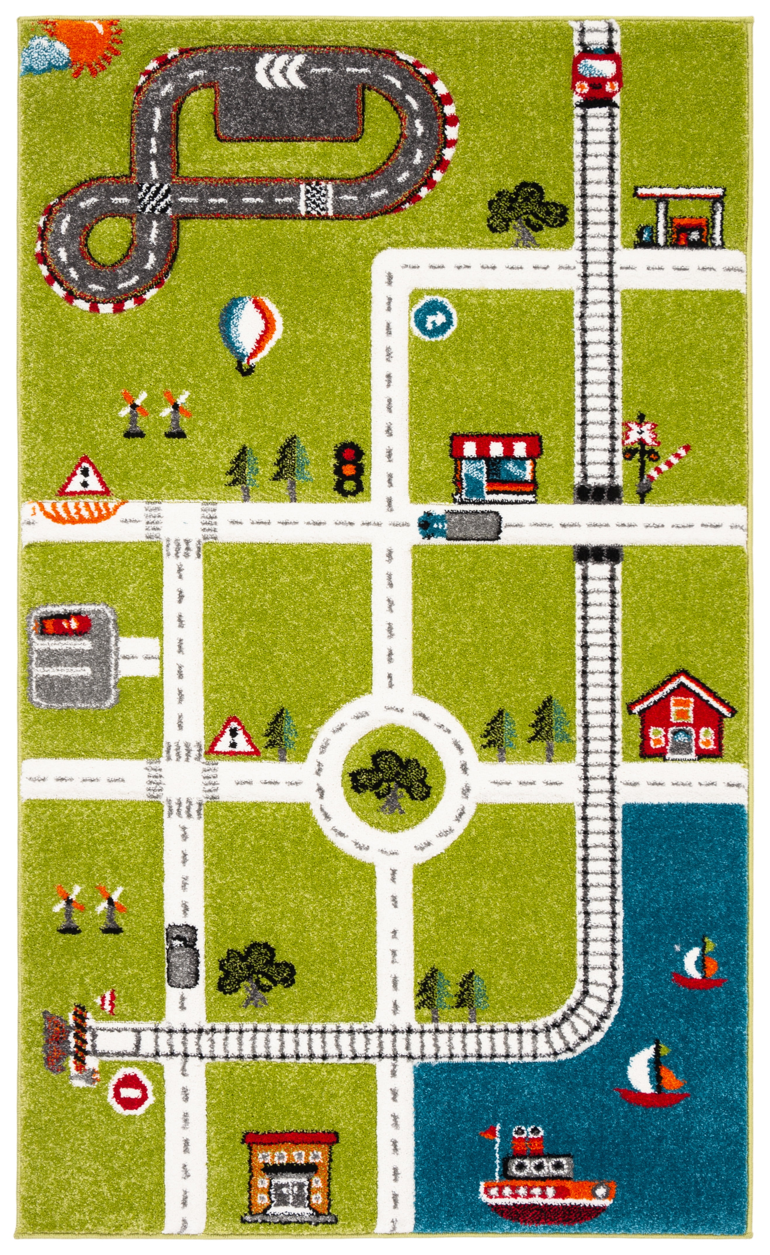 SAFAVIEH Carousel Kids Devan Train Track Area Rug, Green/Ivory, 4' x 6'