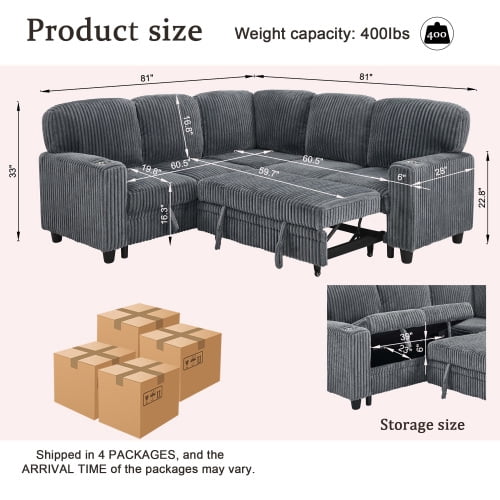 Howcool Modular Sectional Sleeper Sofa, 81" L-Shaped Oversized Cloud Couch with Pull-Out Bed, 5-Seat Corduroy Sofa with Storage Chaise, USB Charging and Cup Holders for Living Room Apartment,Gray