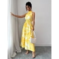 thumbnail image 3 of Yellow Watercolor Floral Print Halter Neck Smocked Waist A-Line Maxi Dress For Women, 3 of 6