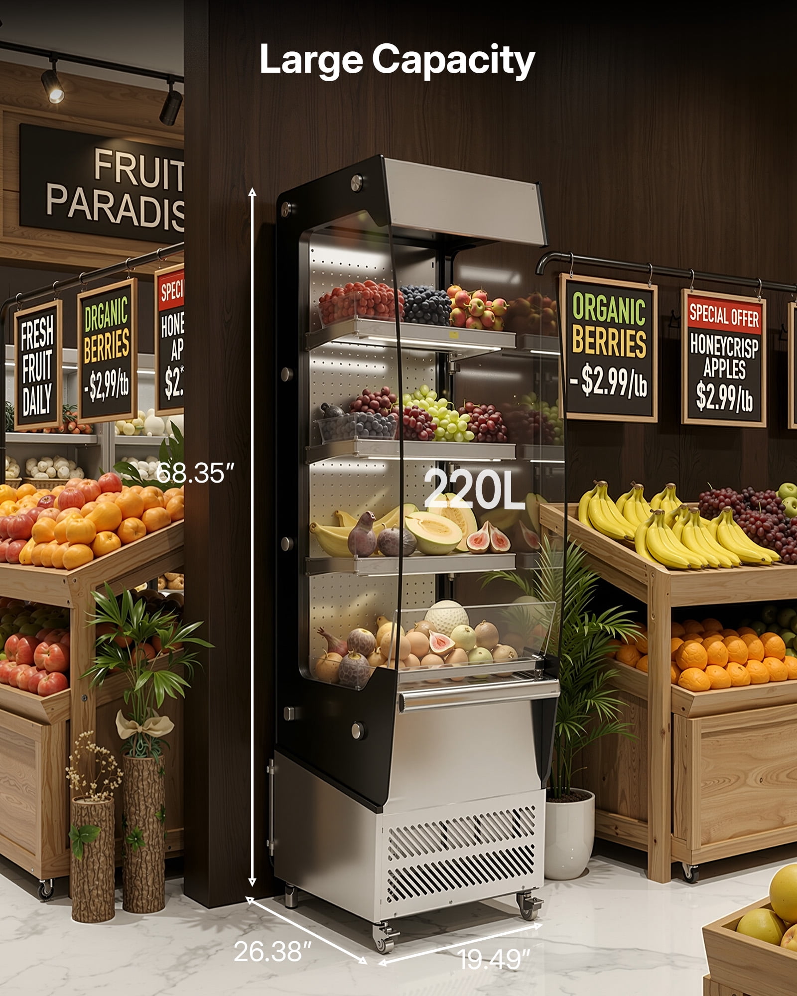 Upstreman Commercial Display Refrigerator, 7.8 Cu.Ft/ 220L Cake Display Case Fridge Open Merchandiser Beverage Cooler with LED Lighting and Wheels, OA78