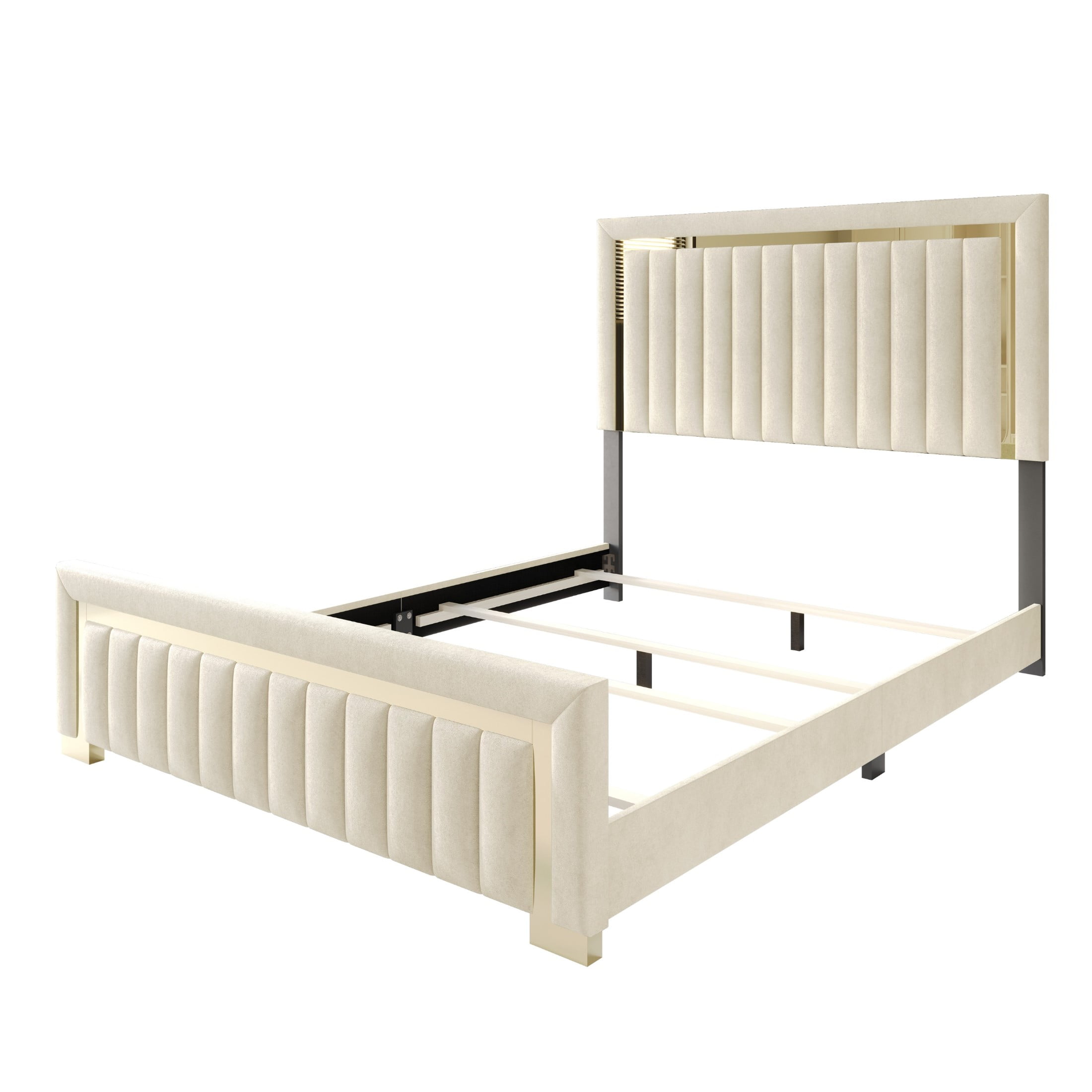 Home Design Olathe Queen Upholstered Panel Bed Frame with Channel-Tufted Headboard and Gold Acrylic Strip Accents, Beige, Easy Assembly