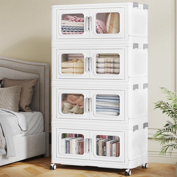 BROVIEW 50Gal Extra Large Storage Bins with Lid, 200Qt Plastic Stackable Storage Bins with Wheels, Collapsible Closet Organizer and Storage Drawers, Storage Cabinets for Home, Office, 4 Pack, White