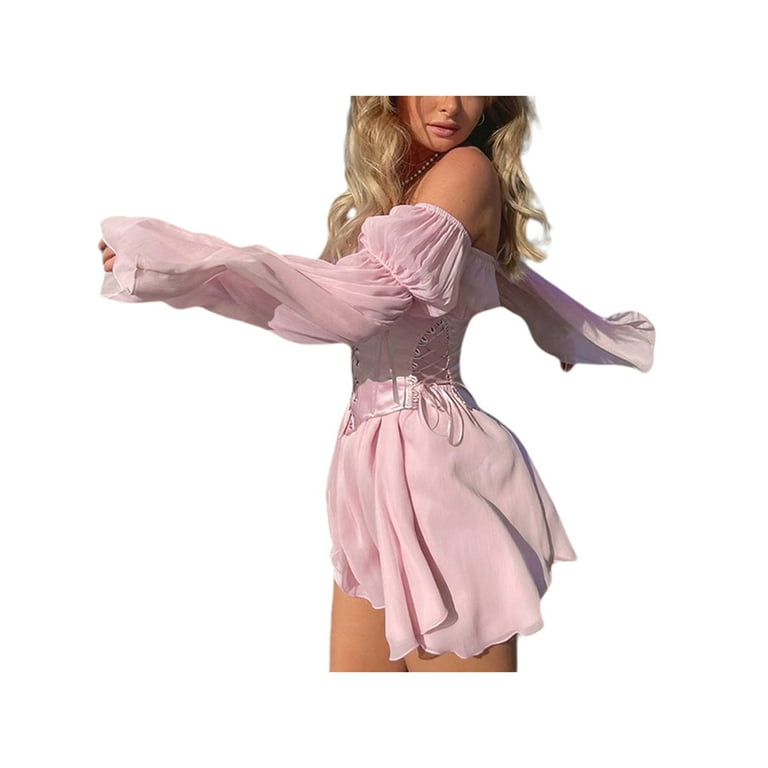 Karlie Lace Off-The-Shoulder Puff Sleeve Mini Dress in Pink