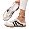thumbnail image 2 of Women's Striped Canvas Slip On Sneaker Mules, Backless Casual Lace Up Flat Loafers Low Top Walking Shoes With Comfortable Cushioned Insole Durable Rubber Sole Everyday Wear,White 8.5, 2 of 6