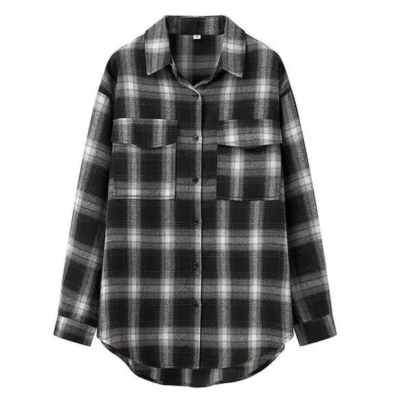 Dxzfnsa Womens Flannels Fall Cropped Shacket Plaid Jacket Long Sleeve Button Down Coat 2025 Fall Fashion Trendy Outfits Winter Clothing for Women,Black-L