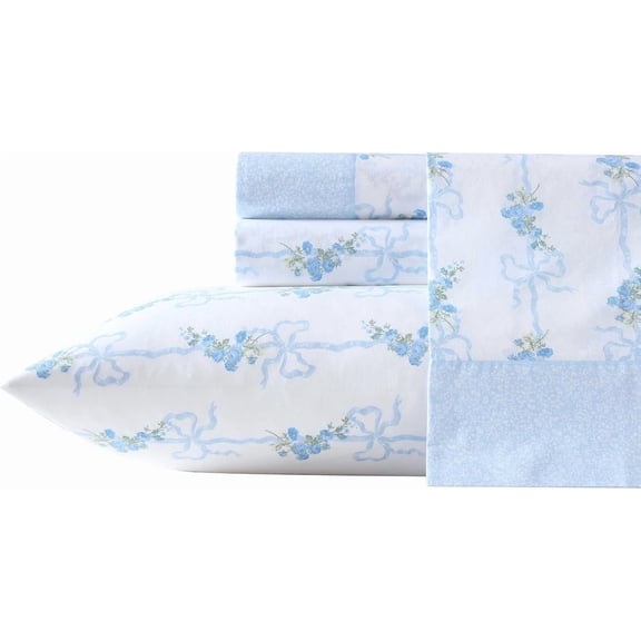 - Full Sheet Set, Crisp & Cool Cotton Percale Bedding with Deep Pockets, Lightweight for Year Round Comfort, Bed Sheets with Matching Pillowcases (Floral Ribbon Blue)