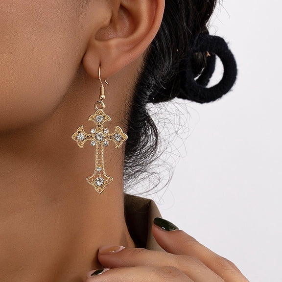 Vintage-Inspired Cross Stud Earrings for Women, Premium Sparkling Rhinestone Inlaid Crucifix Piercing, Dainty Gothic Retro Aesthetic Ear Studs, Elegant Quiet Luxury Jewelry Gift