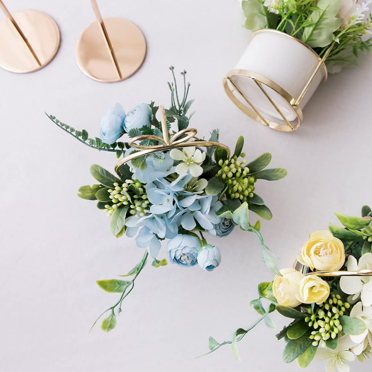Artificial Flowers Hydrangea with Ceramic Vase Silk Chrysanthemum Mini Potted Fake Flowers Hanging Potted Plants for Wedding Home Office Decoration Pack of One (White)