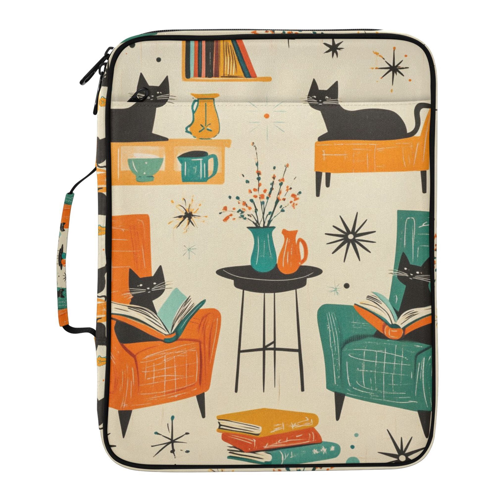 FORMRS Accordion File Folder A4 Size 7-Pocket Expanding Document Organizer Bag with 3 Ring Binder, Black Cats Reading