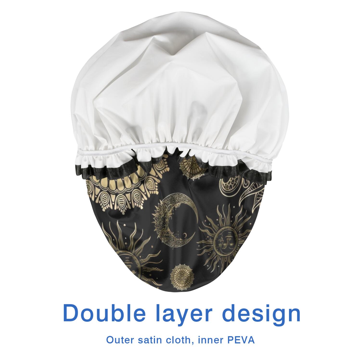 Shower Caps,Black Gothic Sun Moon Pattern Waterproof Shower Cap for Women 4 Pieces,Double Reusable Hair Cover for Shower PEVA Elastic Stretch Hem