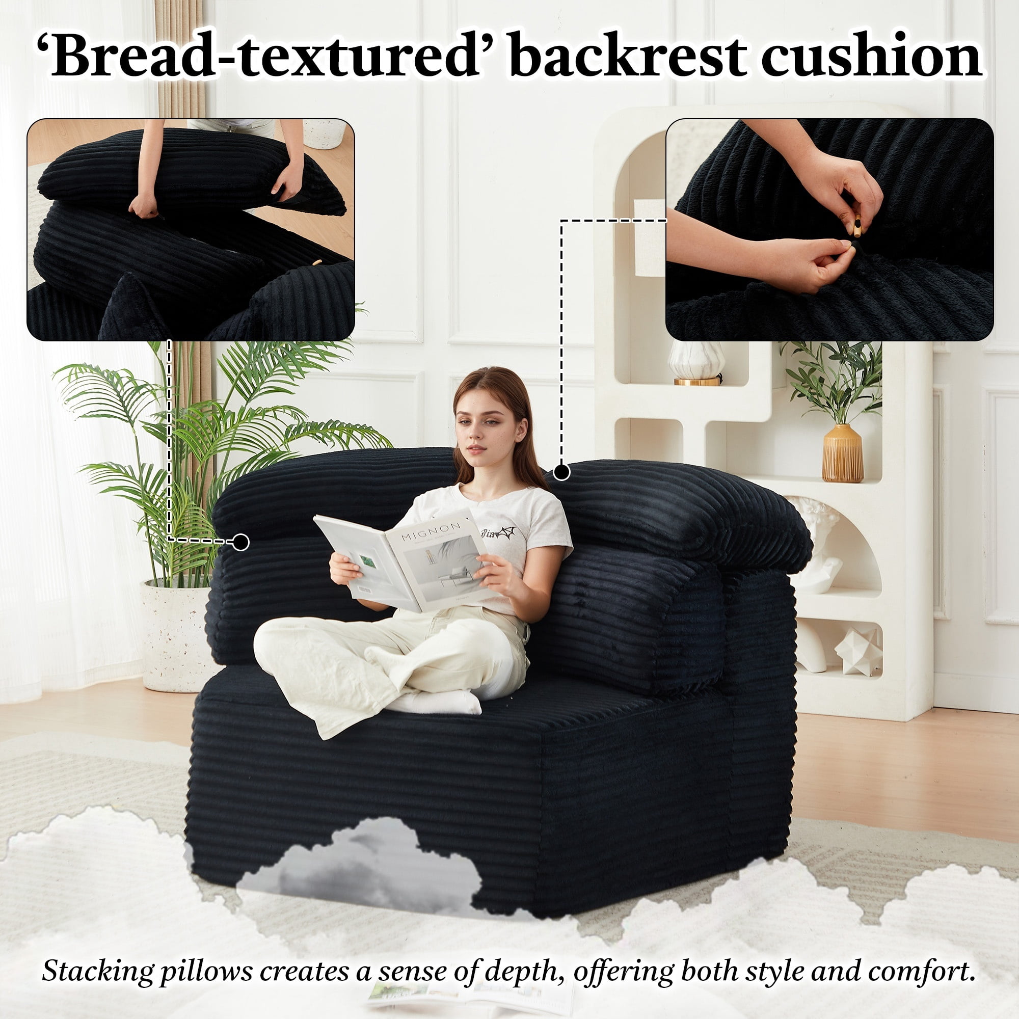 Compressed Boneless Floor Sofa, Modular Couch with Multi-Cushion Backrest, Upholstered Futon Loveseat, Accent Armchair Set of 2
