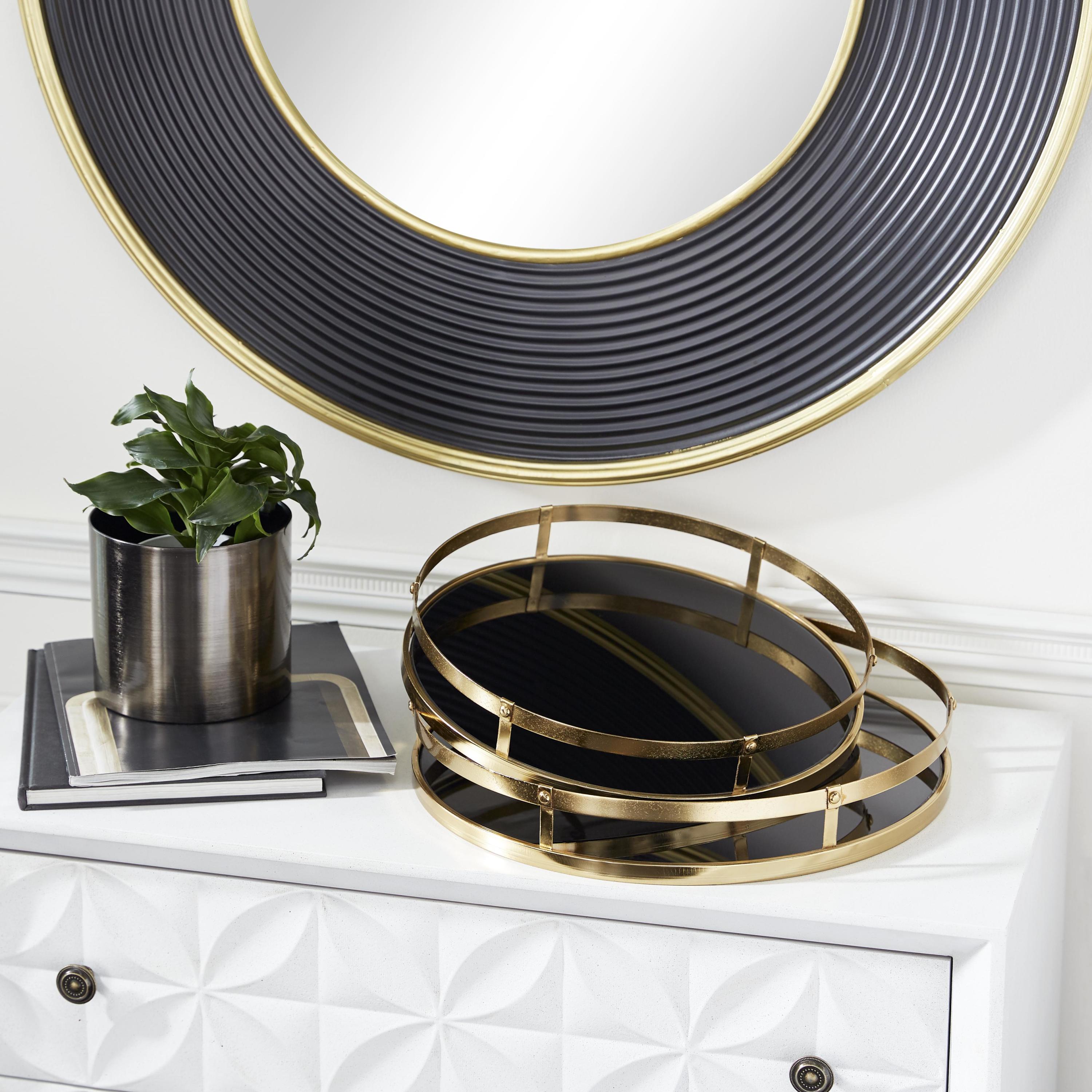 CosmoLiving by Cosmopolitan 14", 16"W Gold Metal  Tray with Black Glass, 2-Pieces