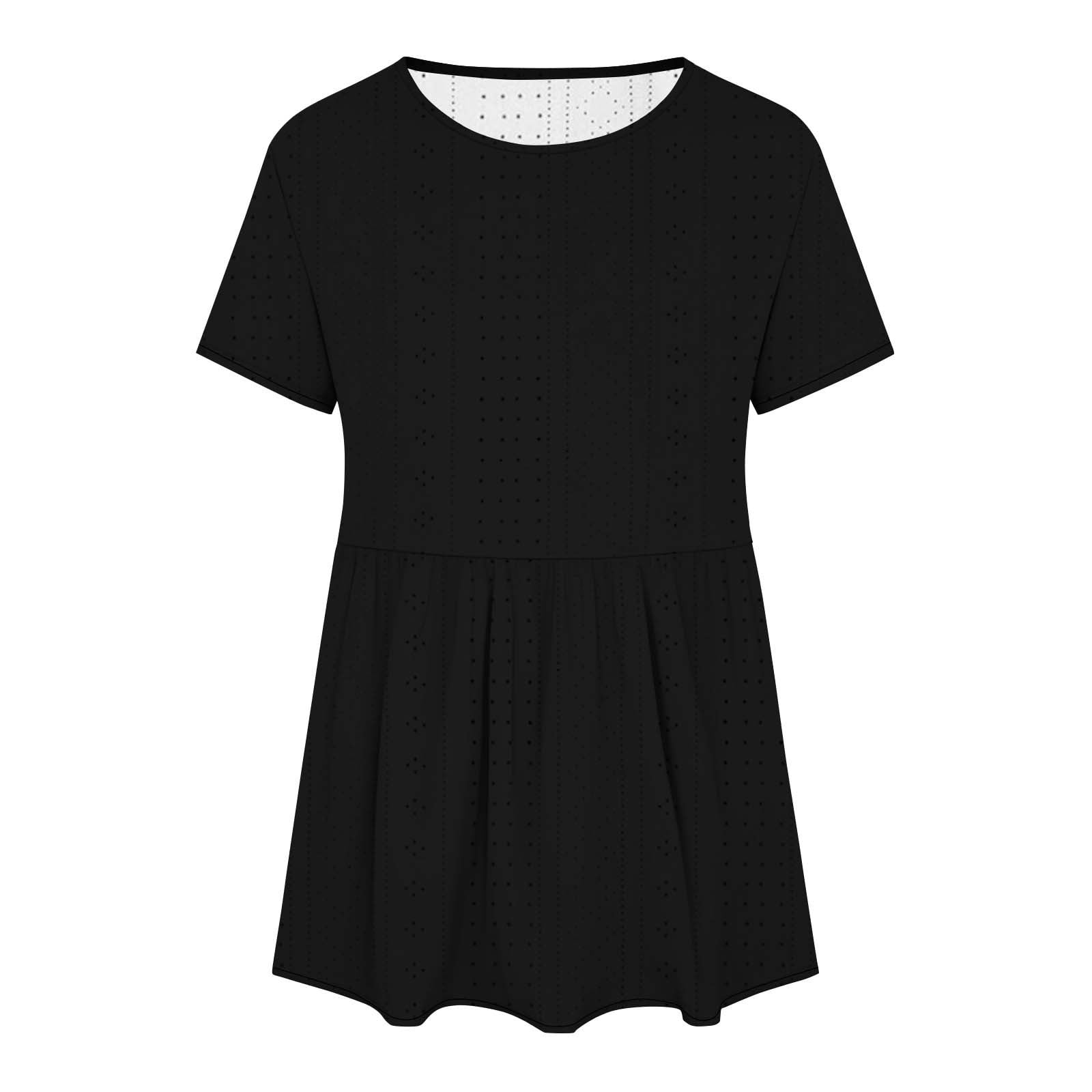 ATOYSOY Women's Causal Workout Eyelet Plus Size Tops Loose Tunic Solid Color Tees Short Sleeve T Shirts Trendy Retro Round Neck Pullover for Girls Black XXXXXL