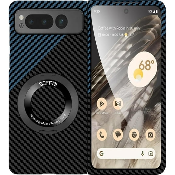 Magnetic Case for Google Pixel Fold Case with Kickstand & Ring Holder, [Compatible with MagSafe] Carbon Fiber Slim Ultra Aramid Fiber Anti-Scratch Shockproof Case, Black&Blue