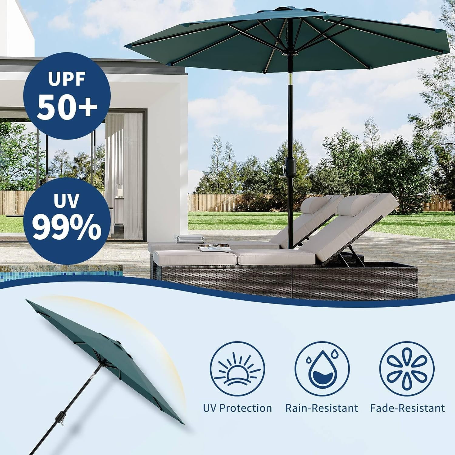 Emorefun Outdoor Umbrella, 9ft Patio Umbrella with Crank Lift & Adjustable Tilt for Pool, Deck, Yard, Garden, Turquoise