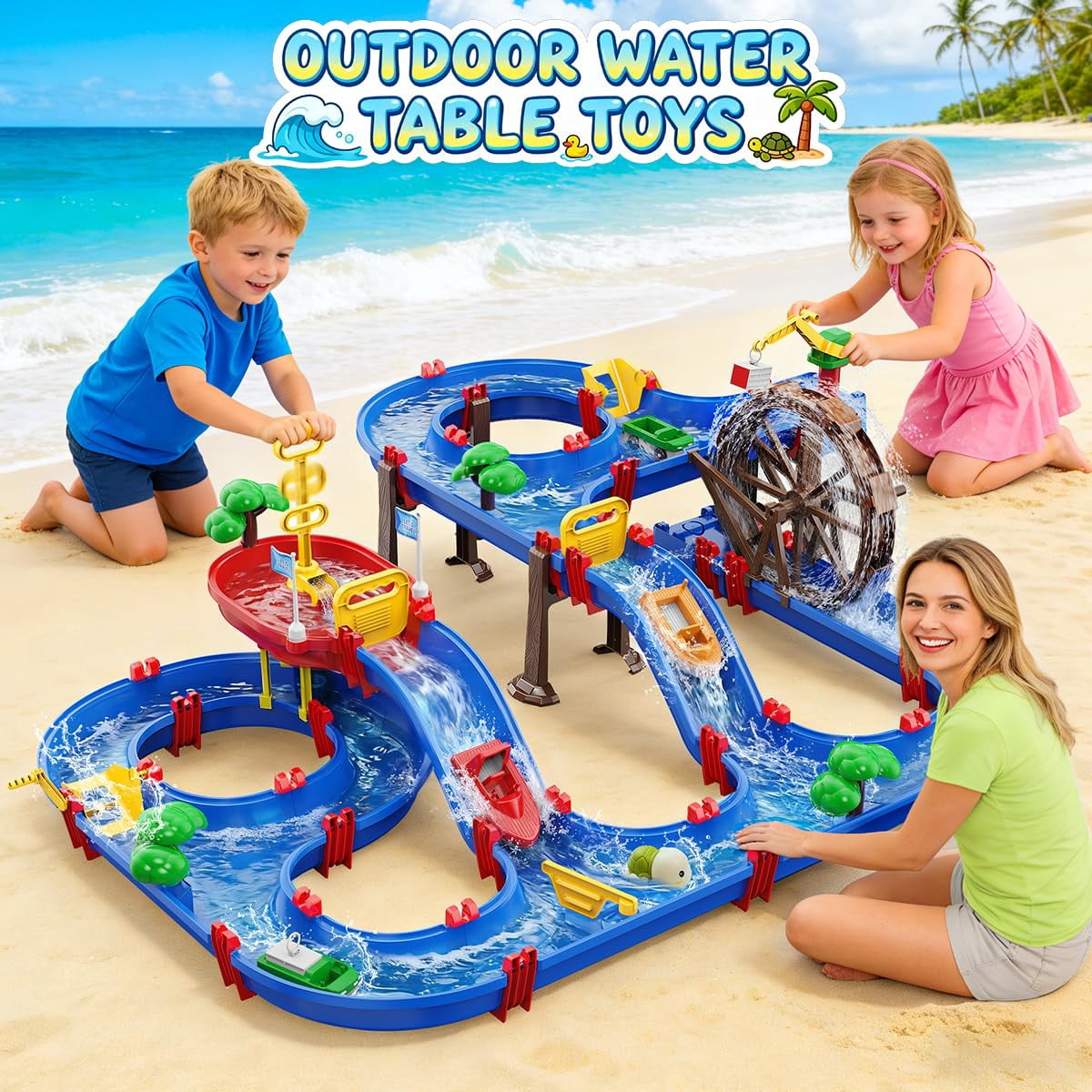 Vatos 2-Tier Water Table for Kids 3+, DIY Water Park Playset with Water Wheel and Pump, Outdoor Summer Water Toy