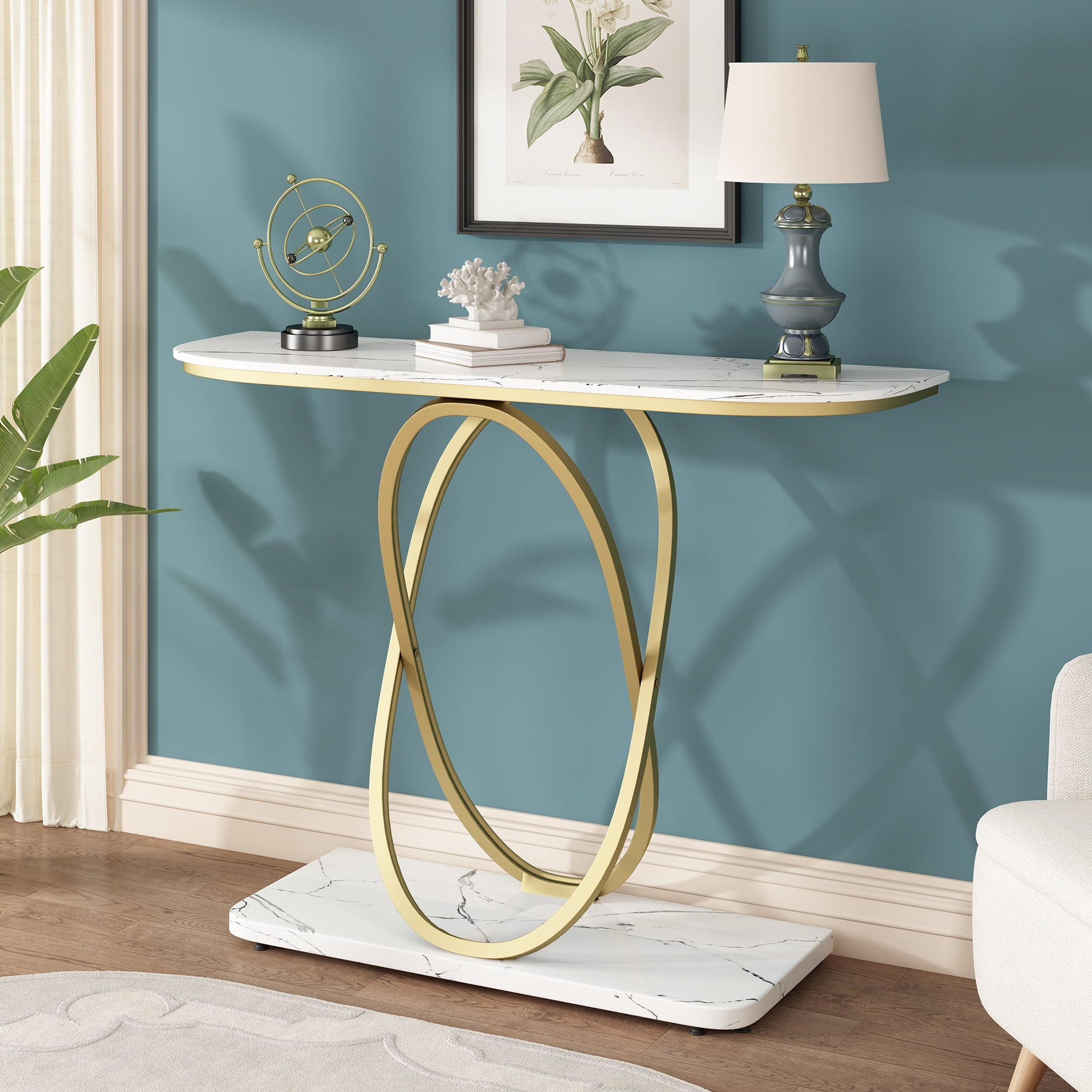 Modern Console Table, Faux Marble Sofa Table with Oval Metal