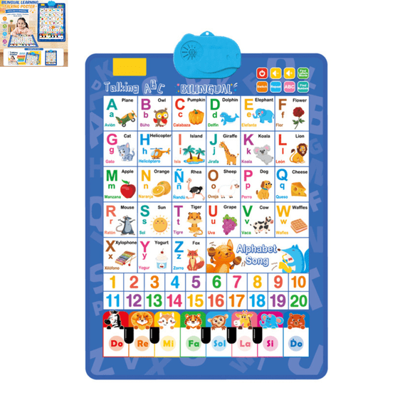 Interactive Sound Educational Talking Wall Chart, English Spanish Bilingual Alphabet Number Toy with Piano and Quiz Game for Toddlers