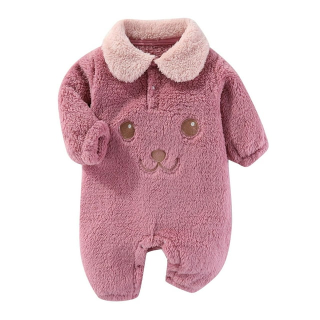 AherBiu Baby Girls Boy Clothes Fleece Rompers Newborn Infant Jumpsuits Long Sleeve Lapel Collar Flannel Bodysuits Solid Color