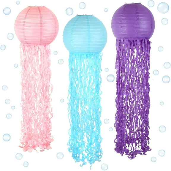 3Pcs/4Pcs 12 Inch Jellyfish Paper Lanterns, Mermaid Wishes Hanging Paper Lanterns, Ocean Themed Decors for Baby Shower Birthday Party