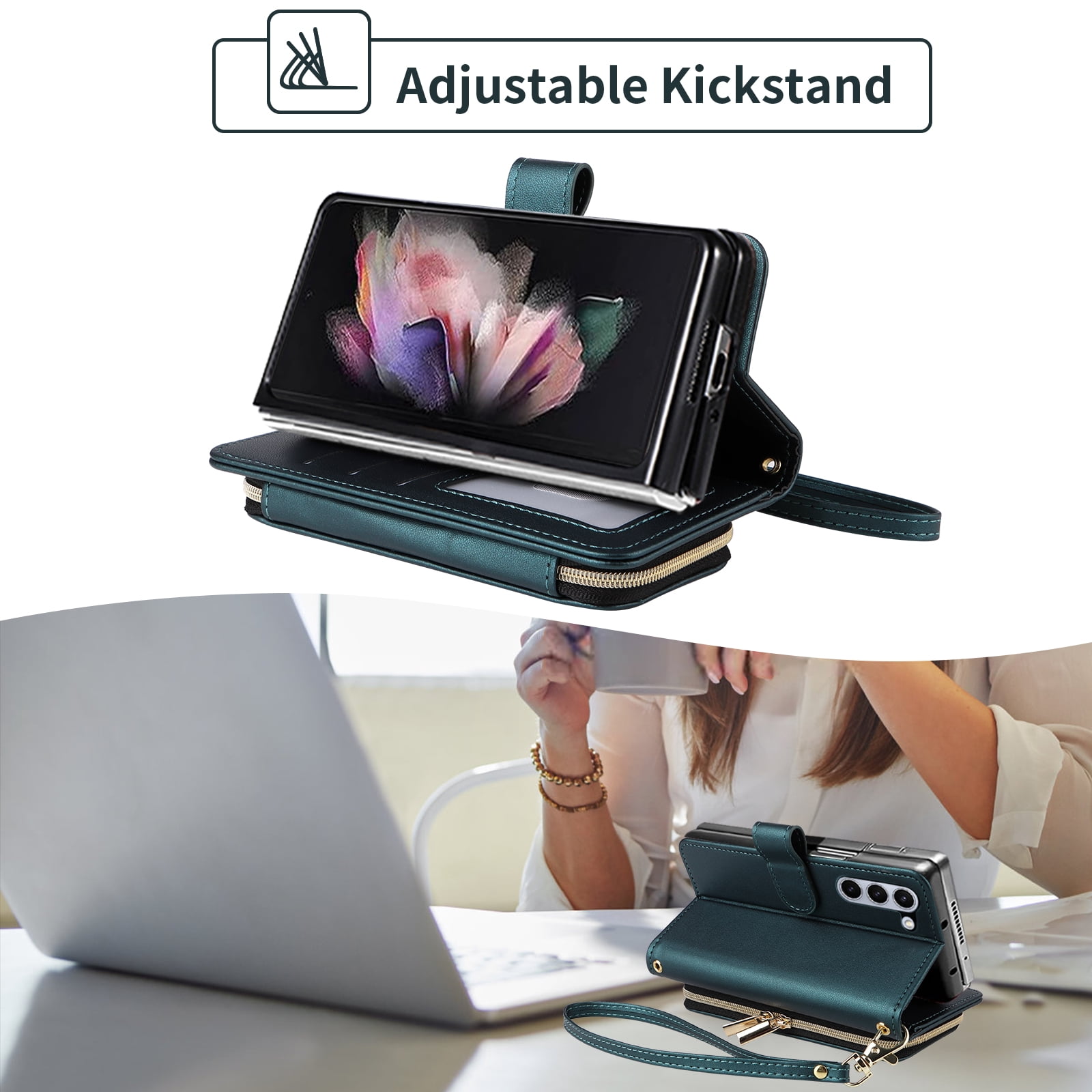 Furiet Argyle Wallet Case for Samsung Galaxy Z Fold 6 5G 2024 with Wrist/Shoulder Strap Card Slot Zipper Purse Luxury PU Leather Stand Cell Phone Cover for ZFold6 Z6 G Fold6 6Z Girls Green