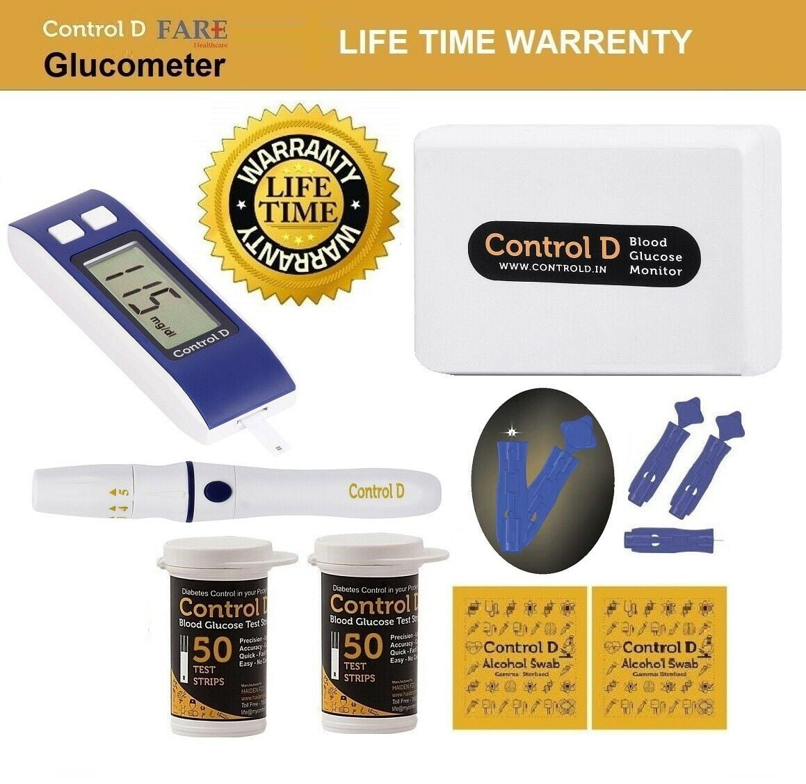 CONTROL D Blood Glucose Monitor Diabetes Management Kit 1 Meter, 1