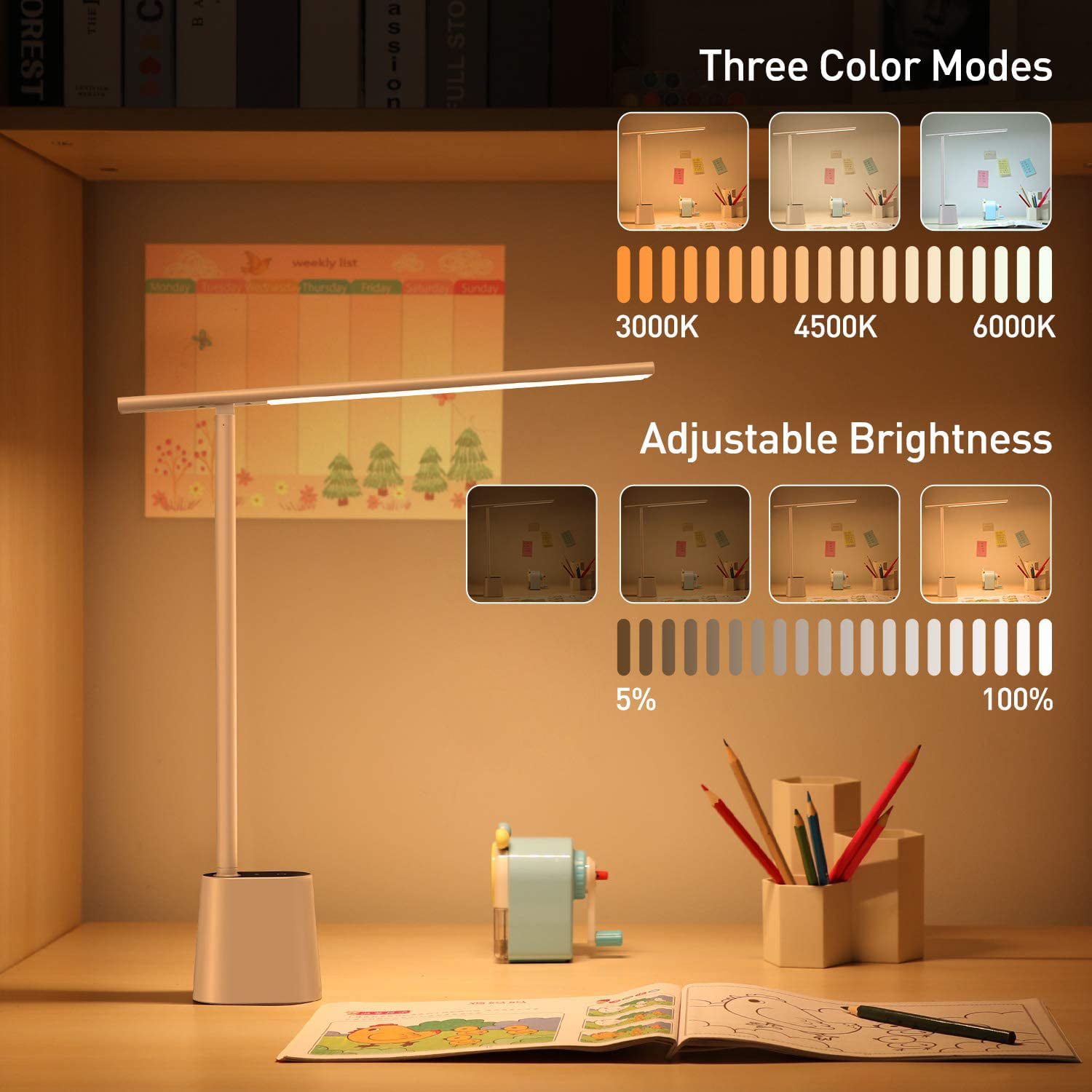 47 Wide Illumination Bedroom Painting 5W 3 Color Modes for Home Office Auto-Dimming Table Lamp Touch Control Living Room Eye-Caring Smart Lamp Baseus LED Desk Lamp 250 Lumens White 