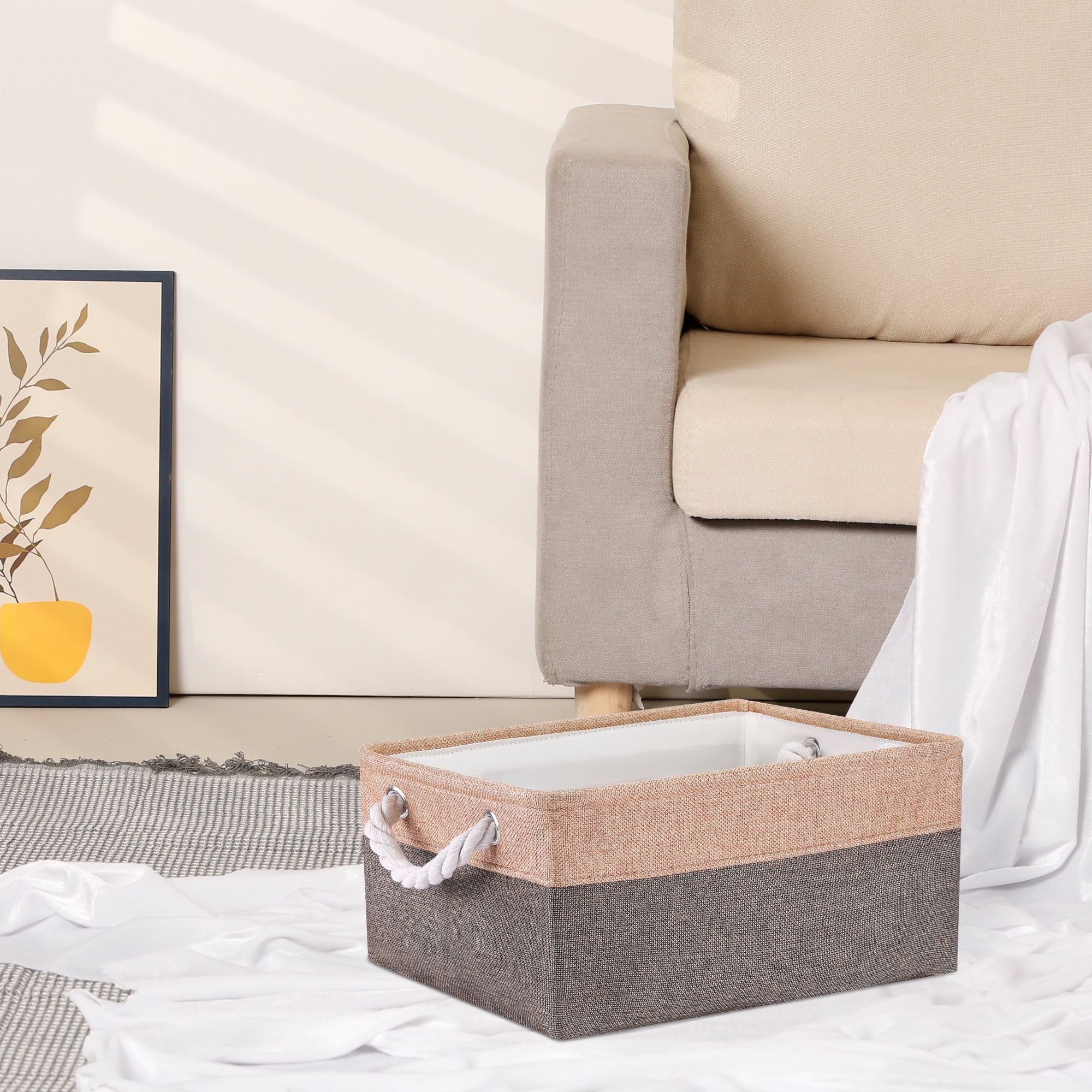 Unique Bargains Storage Bin with Handle Fabric Cube Coffee/Brown 14*10*6.5in