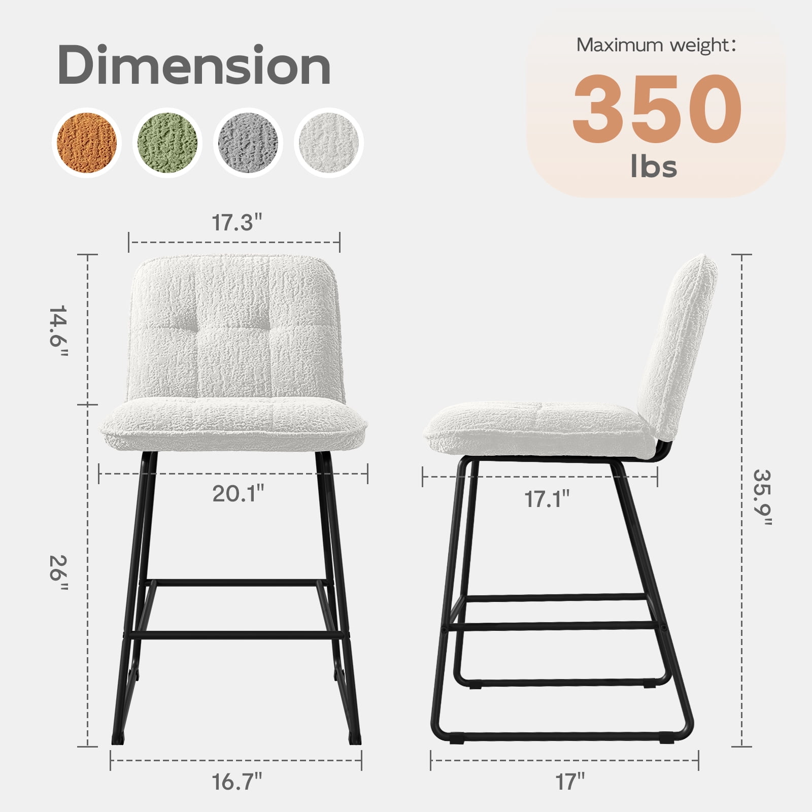 Solfway Bar Stools Set of 3, 26 inch Counter Height Bar Stools with Back, Modern White Velvet Bar Chairs for Kitchen Island with Metal Legs and Footrest